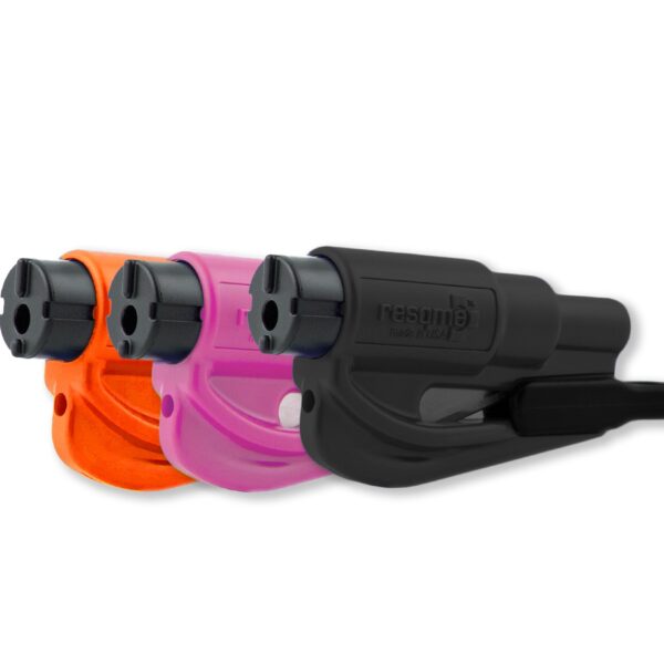 resqme The Original Emergency Keychain Car Escape Tool, 2-in-1 Seatbelt Cutter and Window Breaker, Made in USA, Family Pack of 3, Orange, Black, Pink - Compact Emergency Hammer