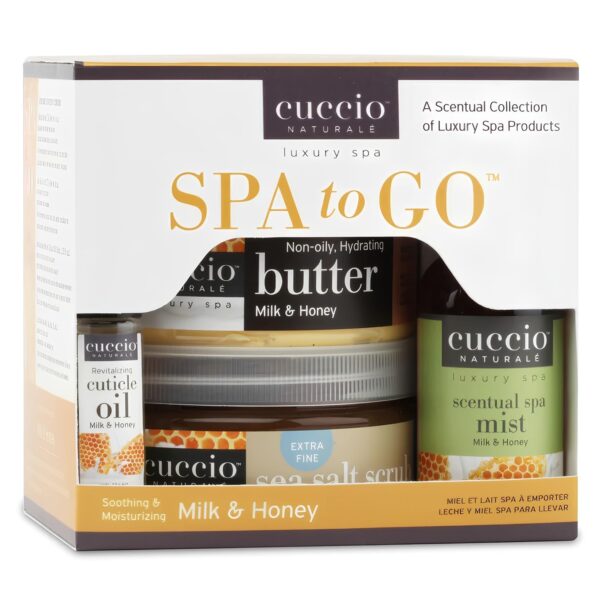 Cuccio 4 Piece Spa To Go Kit – Milk & Honey – Nourishing Skincare Set for Hydration and Softening
