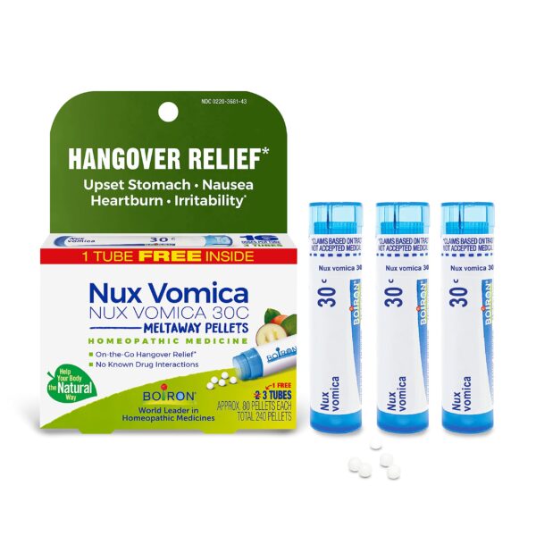 Boiron Nux Vomica 30C Homeopathic Medicine for Hangover Relief, Upset Stomach, Nausea, and Overindulgence of Food or Drink - 3 Count (240 Pellets)