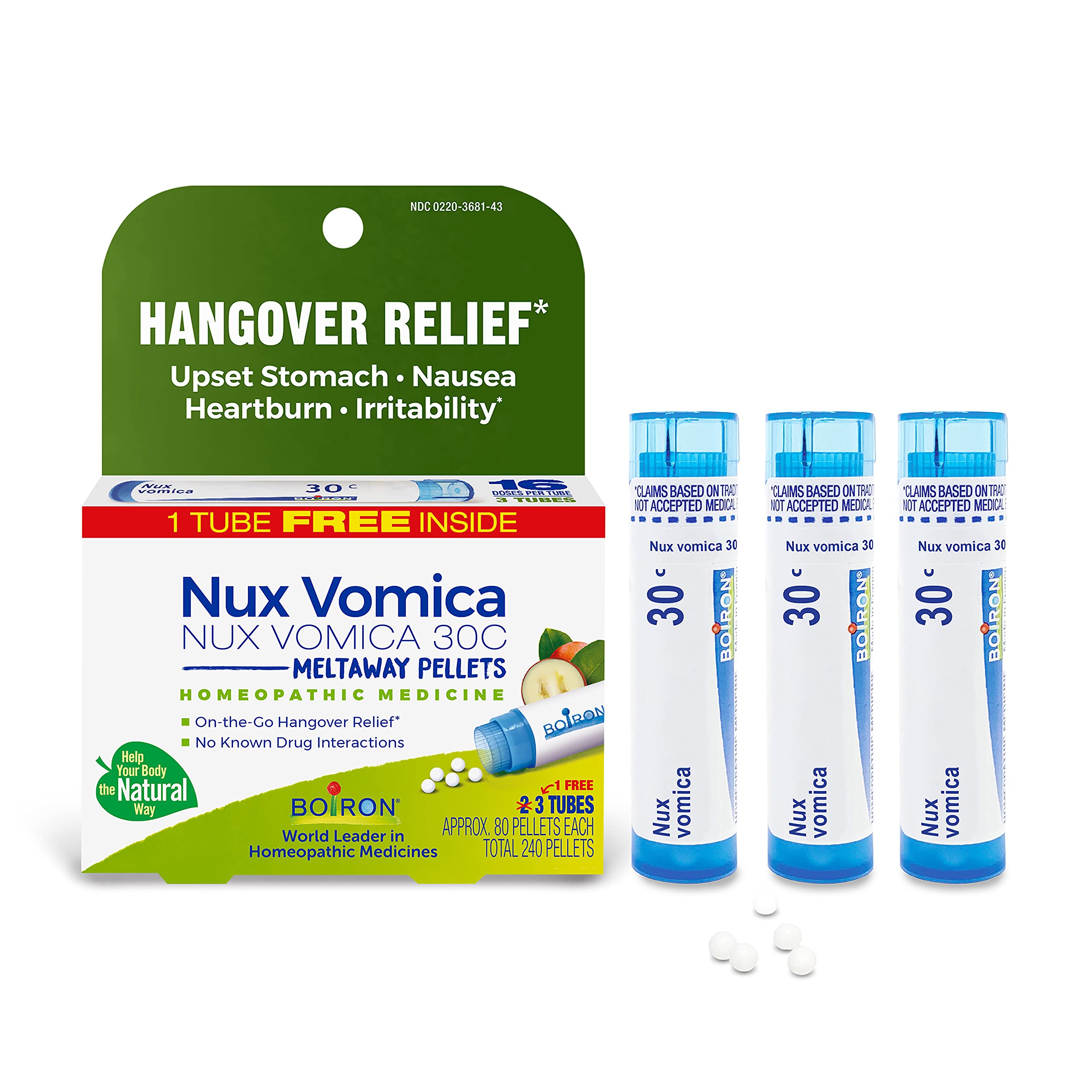 813gcnWUhtS Boiron Nux Vomica 30C Homeopathic Medicine for Hangover Relief, Upset Stomach, Nausea, and Overindulgence of Food or Drink - 3 Count (240 Pellets) - Image 1